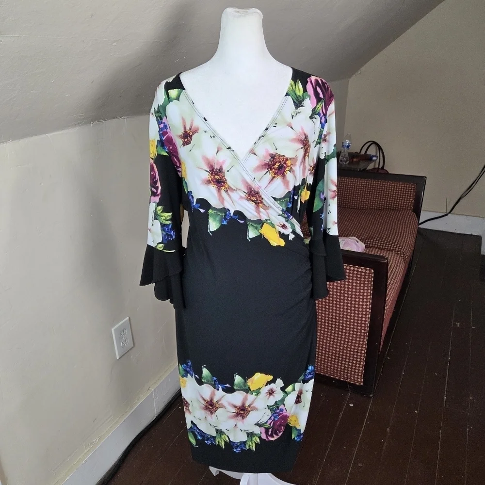 Joseph Ribkoff Floral Black Sheath Dress Women’s Size 10 Bell Sleeve V-Neck Midi
